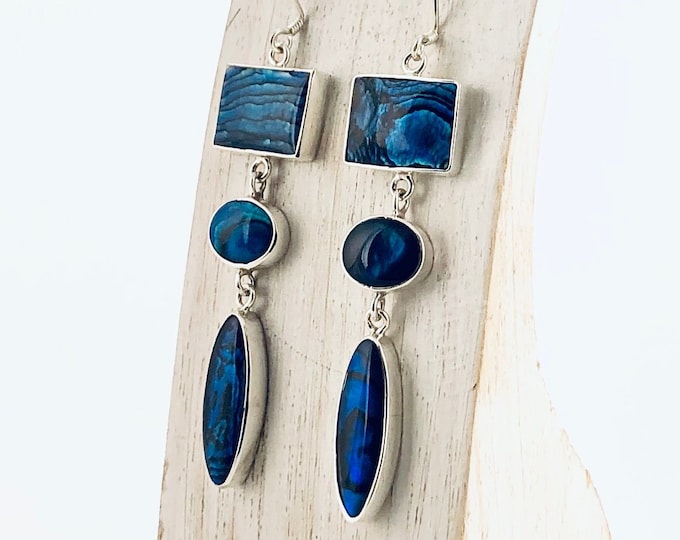 Blue Shell Earrings, Paua Shell, Sterling Silver, Dangle Earrings, Geometric Earrings, Drop Earrings,Blue Earrings, Blue Shell Jewellery