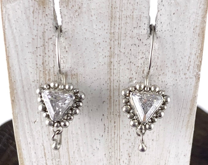 Cubic Zirconia  Earrings, Sterling Silver 925,  Dangling Earrings, Drop Vintage Design,Triangle Earrings,Silver Clear Earrings