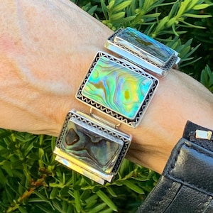 Abalone Silver Bracelet, Rectangle Sterling Silver 925, Zig Zag Frame, Natural Shell Bracelet, Natural Abalone, Small Fit Chunky Bracelet