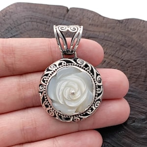 Mother of Pearl Flower Pendant Necklace, White Blossom Charm