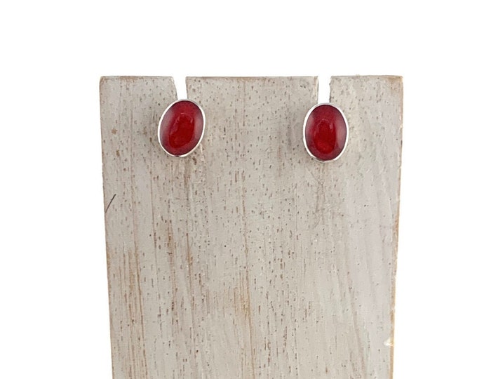 Red Coral Oval Studs Earrings, Oval Stud Earring,Minimalist Red Stud Tiny Red Oval, Red Coral Jewellery,Silver Red post