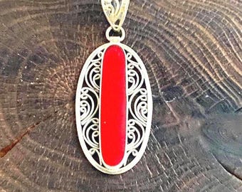 Red Coral Pendant,Oval Red Coral,Geometric Red Pendant,Silver Red Pendant