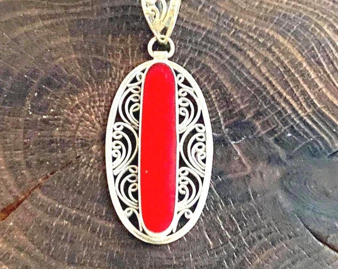 Red Coral Pendant,Oval Red Coral,Geometric Red Pendant,Silver Red Pendant