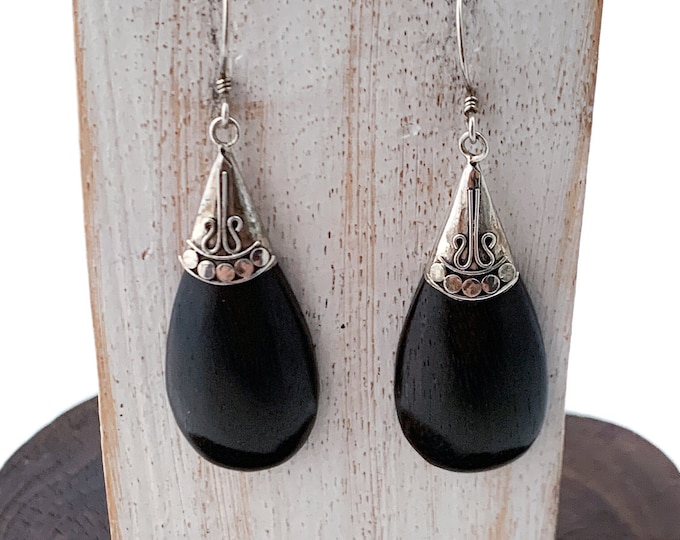 Wood Silver Earrings, Teardrop Wood earrings, Sterling Silver Dangle Earrings, Silver Wood Earrings, Natural Wood Earrings