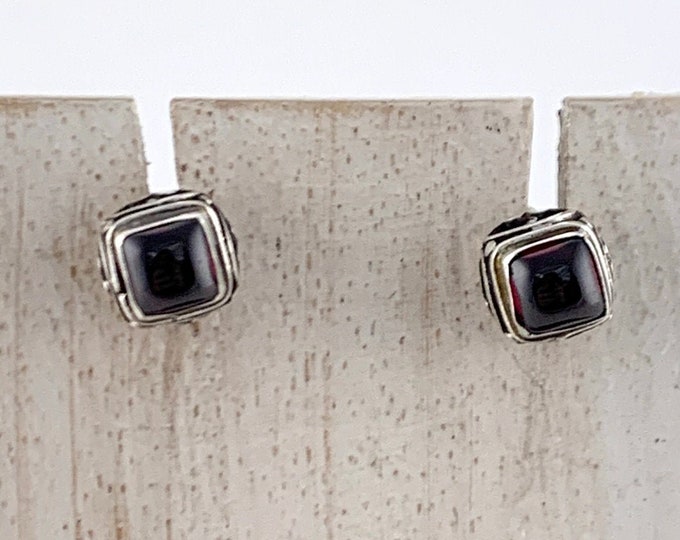 Square Garnet Earrings, Garnet Cabochon Studs Earrings, Sterling Silver Garnet, Garnet Square Studs, Birthstone Earrings