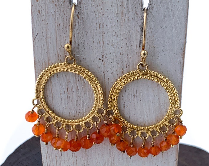 Orange Quartz Vermeil Earring, Round earring, Tangerine Quartz Gemstone, Vermeil 18k Earring, Circle Earring,Gold Hoop