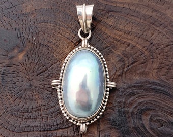 Blue Nautilus Shell Pendant, Osmena Pearl Necklace, Oval Grey Shell Pendant,  Blue Unique Pendant, Natural Osmena Pearl,Shell Jewellery