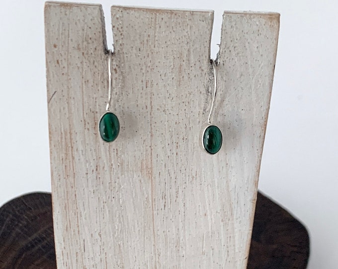 Green Malachite Earrings, Tiny Green Earrings, Dainty Oval Malachite, Minimalist Oval Earring, Sterling Silver 925