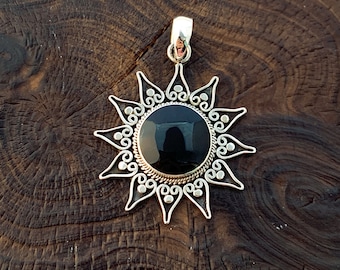 Sun Pendant, Black Shell Sun Pendant, Round Black Shell Necklace,Sun Jewellery, Celestial Jewellery, Sterling Silver