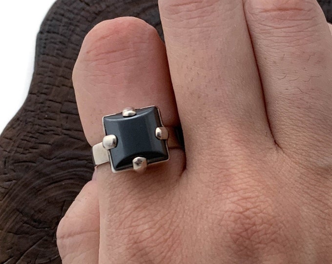 Square Hematite Ring, Silver Hematite Ring, Sterling Silver Ring 925, Dark Grey Square Ring, Silver Square Ring