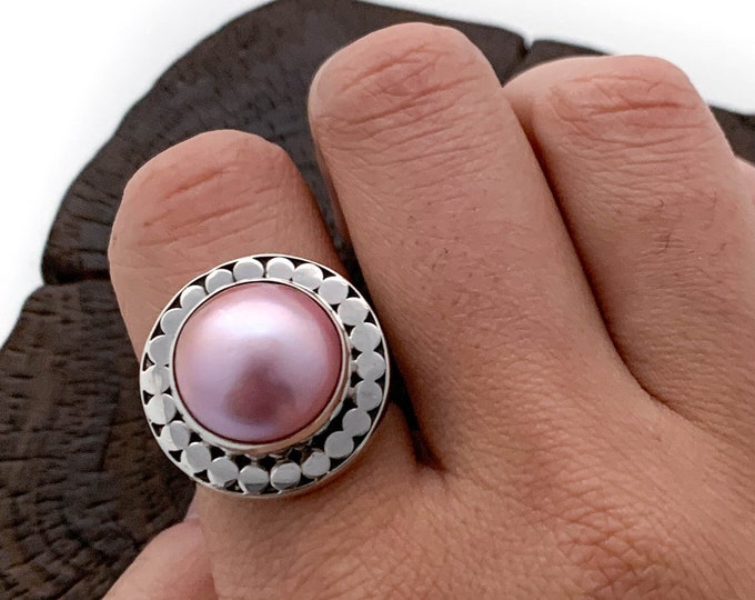 Pink Mabe Pearl Ring, Round Shape Ring, Pink Dyed Pearl Ring, Sterling Silver Ring, Pink Dyed Mabe Pearl Ring, Size 8 only