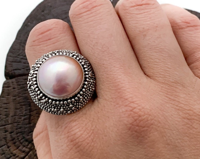 Silver Pink Ring,Pink Cultured Mabe Pearl Ring, Pink Mabe Pearl Ring,Pink Pearl Ring, Solid Silver Ring