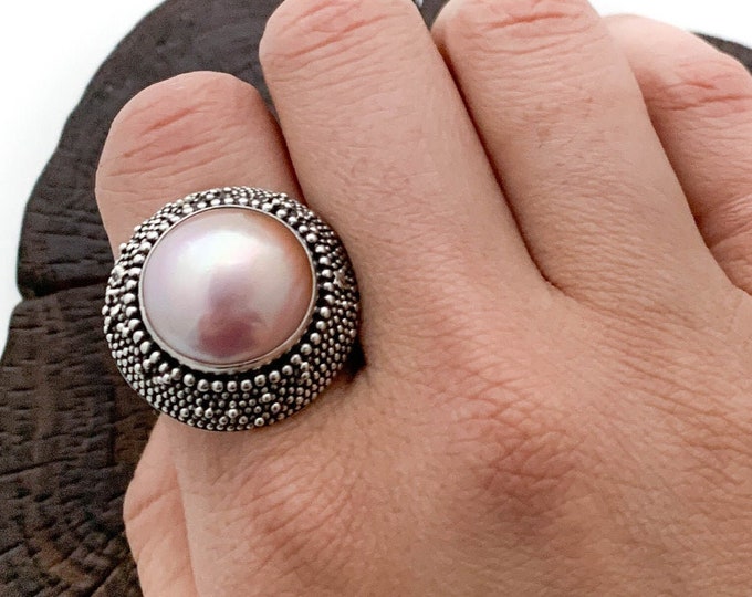 Silver Pink Ring,Pink Cultured Mabe Pearl Ring, Pink Mabe Pearl Ring,Pink Pearl Ring, Solid Silver Ring