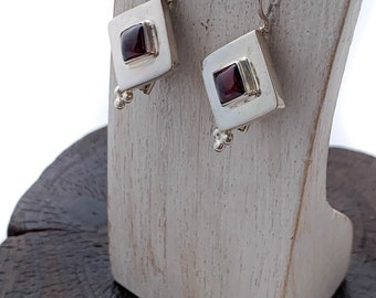 Garnet Cabochon Earrings, Rhombus  Shaped, Sterling Silver Garnet Earrings, January Birthstone, Square Garnet Earrings