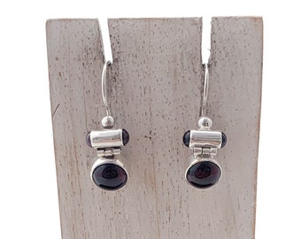 Silver Garnet Earrings, Drop Round Garnet Cabochon, Sterling Silver Earrings, Dangle Round Garnet Earrings, Original Earrings