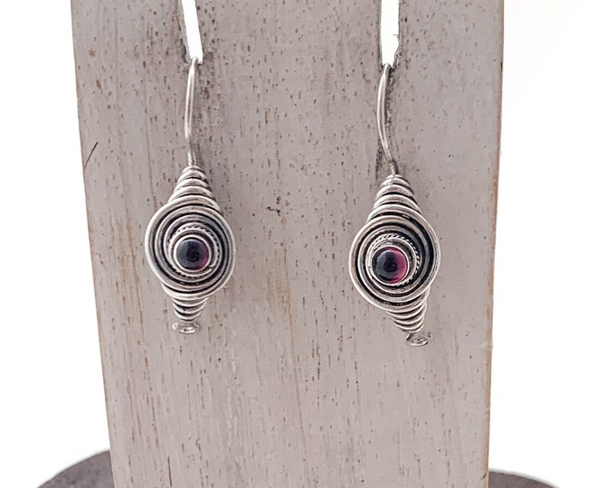 Garnet Round Coiled Earrings, Circle Garnet, Sterling Silver Coiled Earrings, January Birthstone,Fun, Original