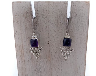 Amethyst Purple Earrings, Square Gemstone, Triangle Sterling Silver Elements,Ethnic Look, Silver Amethyst
