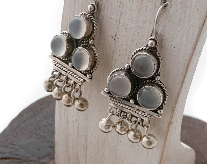 Moonstone Earrings, Sterling Silver, Dangle Moon Stone Earrings, 3 Moonstone Circle Earrings, Round Moon Stone,Drop Earring, Chunky Earrings