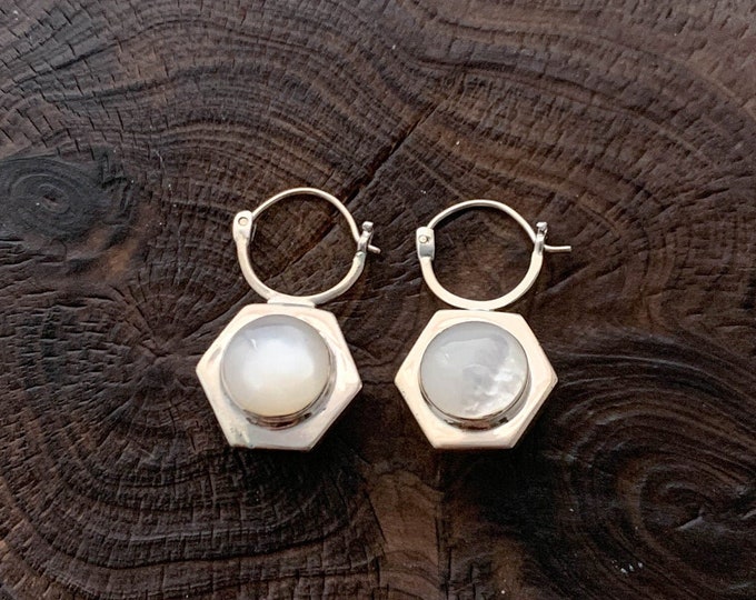 Round Mother of Pearl Earrings, Hexagon Sterling Silver Border, Circle Mother of Pearl, White Earrings, Hoop Enclosure, Double Sided