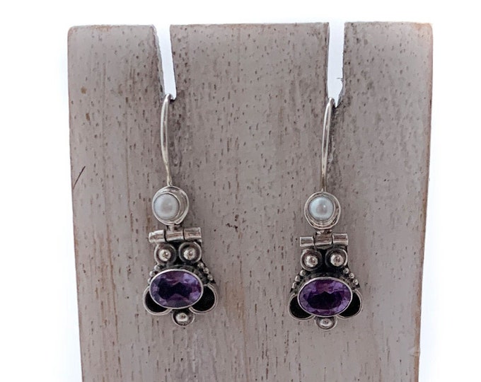 Amethyst & Pearl Earrings, Oval Amethyst, Round Pearl, Sterling Silver Earrings,Silver Amethyst Earrings, Amethyst Dangle