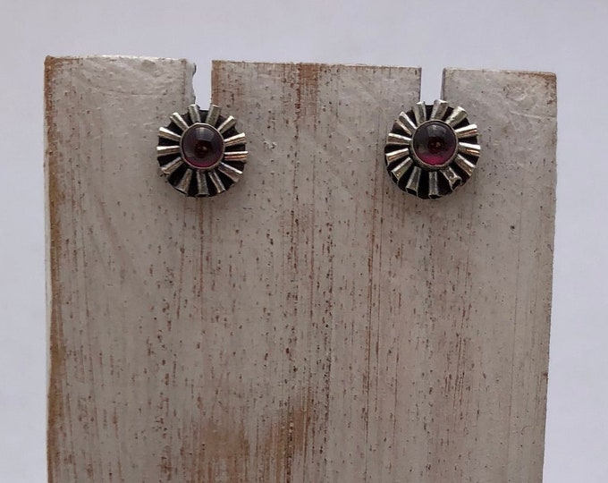 Garnet Stud, Silver Garnet Earrings, Sterling Silver Circle Stud Earrings, Tiny Garnet Stud, Dainty Garnet