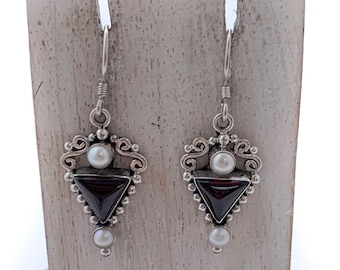Pearl & Garnet Earrings, Red and White, Triangle Earrings, Sterling Silver, Ethnic Design, Triangle Garnet Earrings