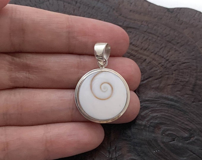 Shiva's Eye Pendant, Sterling Silver Shiva Pendant, Natural Eye of Shiva Shell Necklace, Silver Shiva Pendant, White Pendant