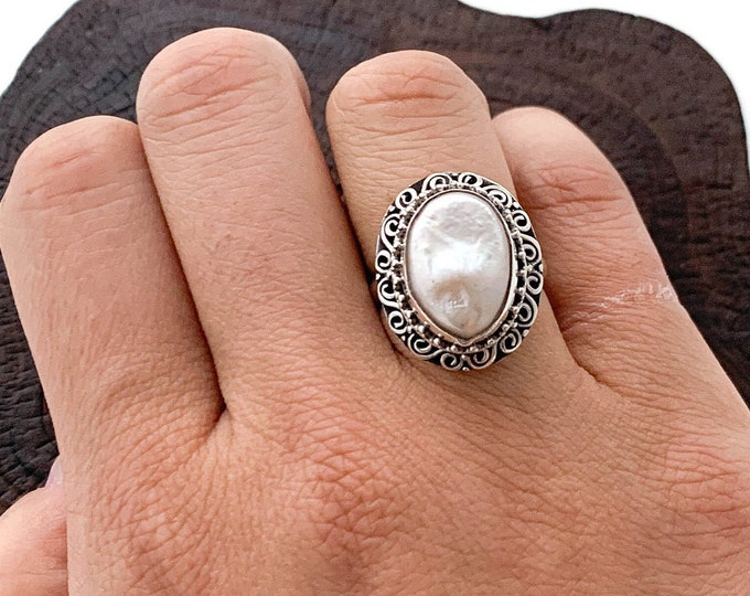 Keshi Pearl Ring, Oval Shape Ring, Natural White Keshi Pearl Ring, Sterling Silver Ring, White Oval Ring