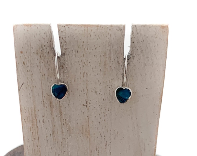 Heart Earrings, Blue Heart Earrings, Blue Paua Shell, Sterling Silver 925, Valentine's Day Gift, Blue hook earring with stud backing