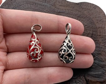Harmony Ball Necklace,Black or Red Harmony Teardrop with Sound, Round Teardrop Pendant, Enamel and Silver Harmony Ball,Musical Chime Pendant