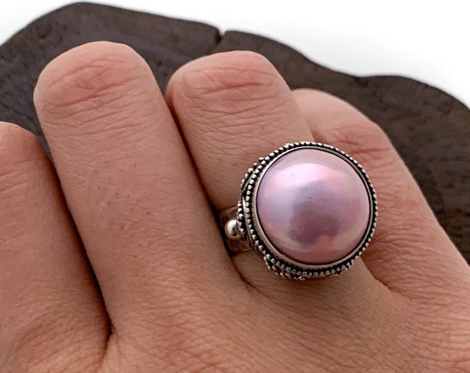 Silver Pink Pearl Ring, Silver Dyed Pink Cultured Mabe Pearl Ring, Pink Mabe Pearl Ring, Mabe Pearl, Pink Pearl Ring, Solid Silver,