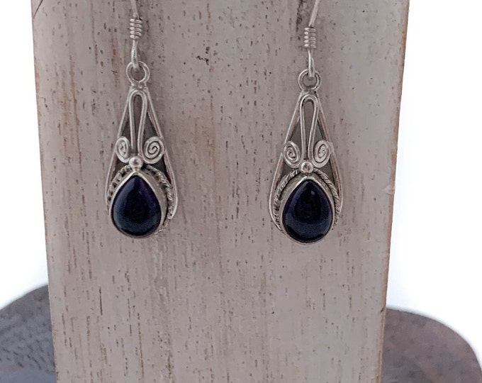 Amethyst Cabochon Earrings, Teardrop Shaped, Sterling Silver, Amethyst Earrings, Purple Stone,  February Birthstone