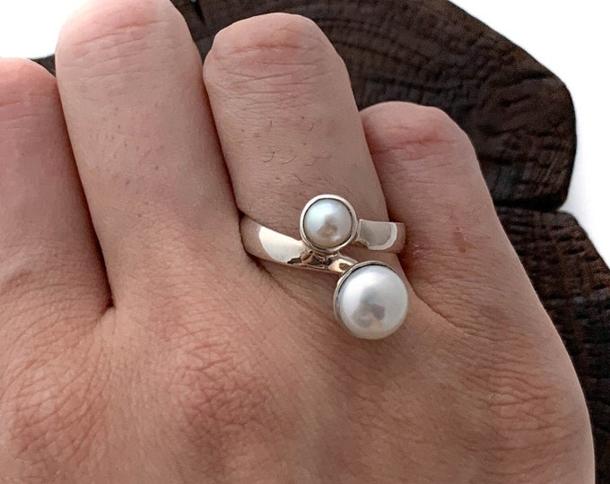 Silver Pearl Ring, Two Pearl Ring, White Ring, Sterling Silver Pearl Ring, White Pearl Ring, Natural Pearl Ring, Cultured Pearl Ring