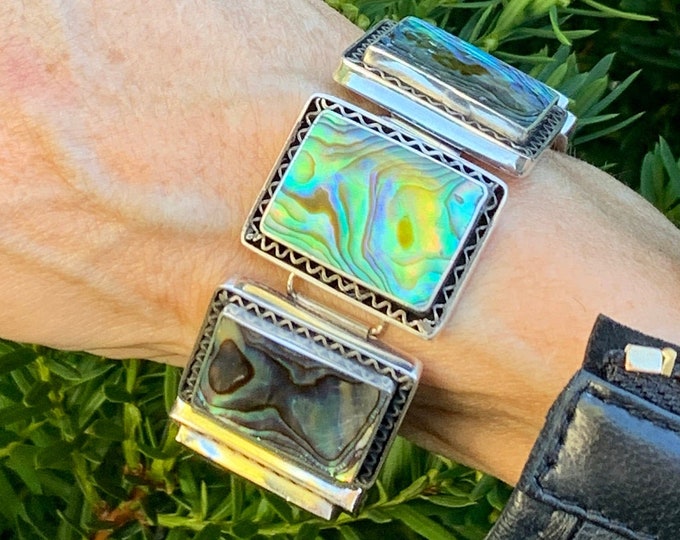 Abalone Silver Bracelet, Rectangle Sterling Silver 925, Zig Zag Frame, Natural Shell Bracelet, Natural Abalone, Small Fit Chunky Bracelet