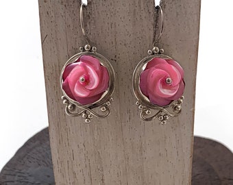 Silver Pink Flower Earrings, Pink Shell Earrings, Pink Rose Jewellery, Pink Dangle Earrings, Tinted Pink Shell, Flower Lover, Carved Flower