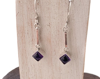 Amethyst Square Earrings,Long Silver Hollow Bar, Square Cabochon Amethyst, Sterling Silver Earring, February Birthstone,Amethyst Earrings