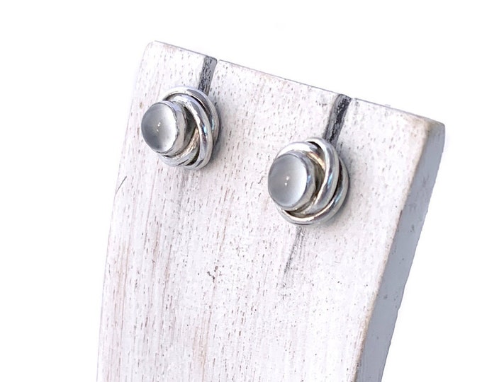 Round Moonstone Earrings,Sterling Silver Stud, Knot Round Earring, Moon Stone Post, Silver Knot Earrings