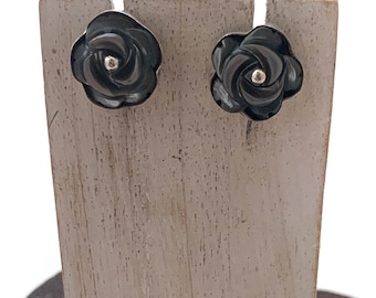 Silver Flower Studs, Black Carved Shell Post, Black Tinted Shell, Flower Earrings, Flower Post , Black Roses Post, Flower Lover