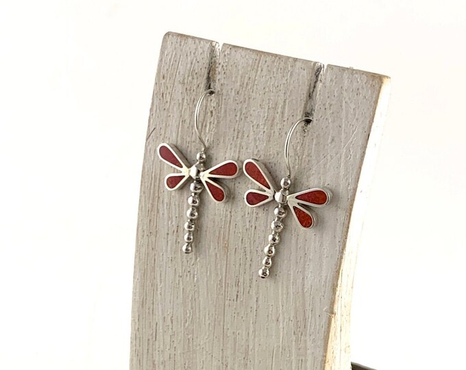 Red Coral Dragonfly, Dangle Earrings,Drop Dragonfly Earrings, Sterling Silver 925,Silver Dragonfly