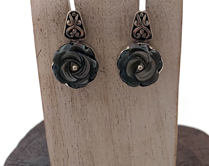 Silver Black Flower Stud, Black Flower Earrings, Black Roses Earrings, Carved Shell Flower, Black Tinted Shell Studs, Mothers Day,