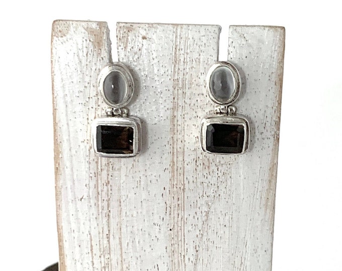 Moonstone Studs, Smoky Quartz Stud Earrings, Mix Stone Studs, Sterling Silver 925,Smoky Jewellery,