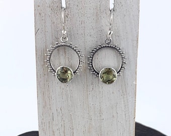 Lemon Quartz Earrings,Faceted Lemon Quartz Earrings, Round Lemon Quartz Drop Earrings, Circle Dangle Earrings, Gemstone,Yellow Gem Stone