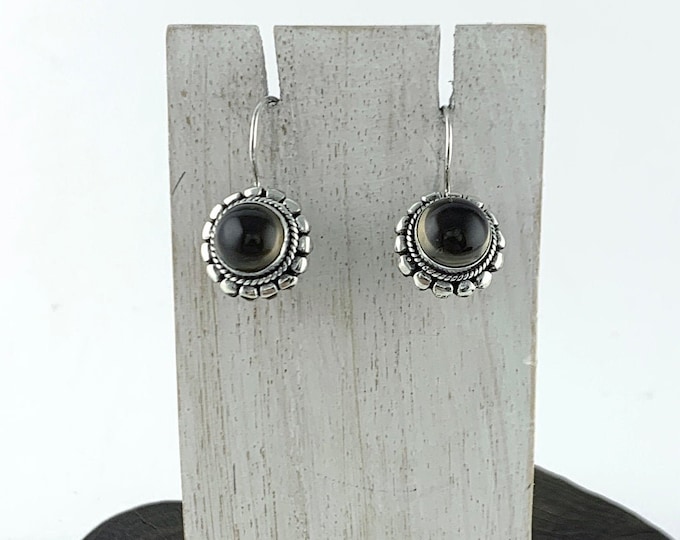 Silver Smokey Cabochon Earrings, Round Smokey Earrings , Silver Dots Earrings,Brown Earrings