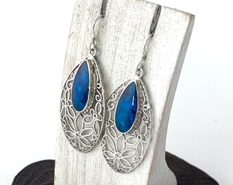 Blue Earrings, Blue Paua Shell Silver Earring, Silver Floral Earrings, Blue Abalone,.925 Silver, Flower Lover,Stunning Earrings