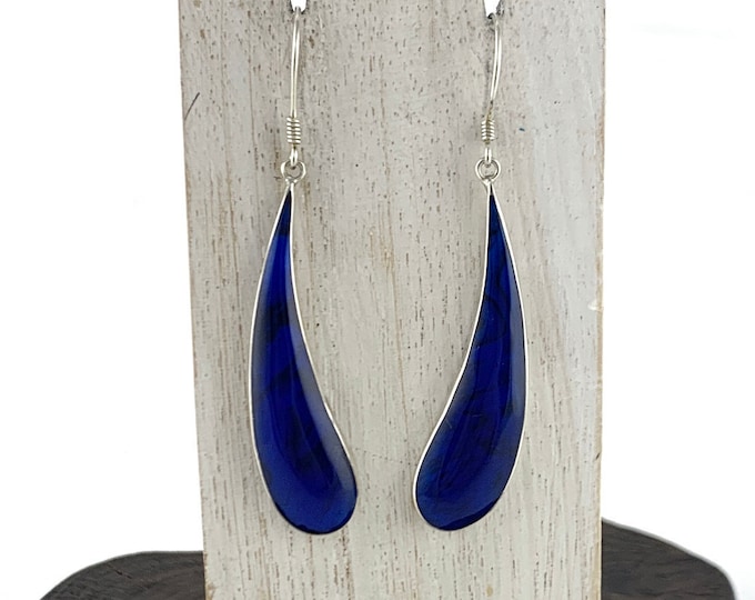 Blue Paua Shell Earrings, Blue Abalone Dangle Earrings, Silver Curved Teardrop Earring, Deep Blue Earrings,Silver 925,Blue Shell Earrings