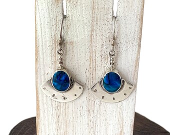 Blue Paua Shell Earrings, Oval Blue Abalone,Silver  Dangle Earrings, Fan Earrings, Drop Blue Abalone, Silver Blue Earrings