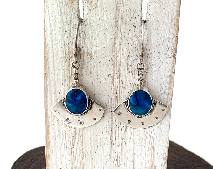 Blue Paua Shell Earrings, Oval Blue Abalone,Silver  Dangle Earrings, Fan Earrings, Drop Blue Abalone, Silver Blue Earrings
