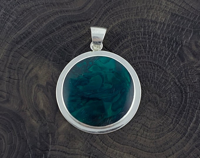 Silver Green Pendant, Round Green Abalone, Green Shell Circular Pendant, Green Tinted Abalone, Silver 925