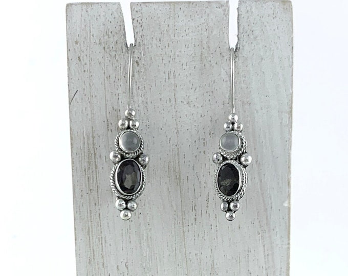 Moon Stone and Smokey Drop Earrings, Sterling Silver Oval Smokey,Brown Quartz Earrings, Moon Stone Earrings