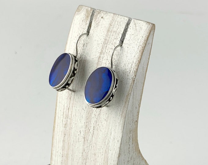 Silver Blue Earrings, Blue Paua Shell Jewellery, Blue Abalone Earrings, Blue Oval Earrings, Hook Closure, Silver 925, Blue Earrings